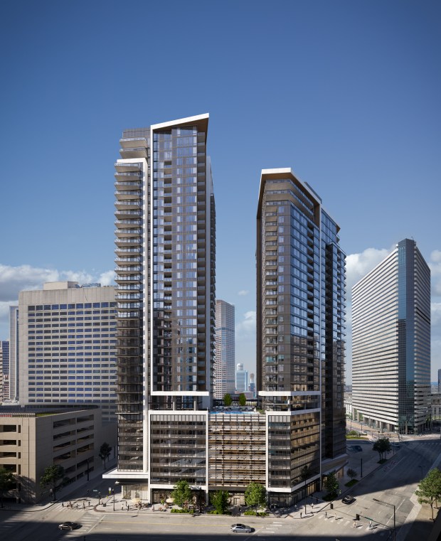 Upton Residences is the name that Canadian developer Amacon has assigned to its 461-condo project in downtown Denver. This is a rendering of what the two-tower project on the former site of the Shelby's Bar & Grill will look like. (Provided by Amacon)
